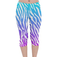 White Tiger Purple & Blue Animal Fur Print Stripes Velvet Capri Leggings 