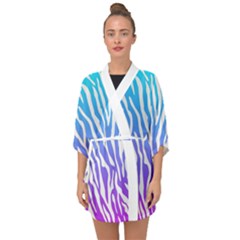 White Tiger Purple & Blue Animal Fur Print Stripes Half Sleeve Chiffon Kimono