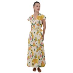 Yellow Juicy Pears And Apricots Flutter Sleeve Maxi Dress by SychEva