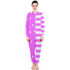Saturated Pink Lines And Stars Pattern, Geometric Theme Onepiece Jumpsuit (ladies)  by Casemiro