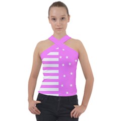 Saturated Pink Lines And Stars Pattern, Geometric Theme Cross Neck Velour Top by Casemiro
