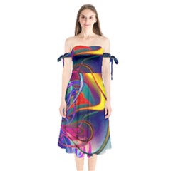 Colorful Rainbow Modern Paint Pattern 13 Shoulder Tie Bardot Midi Dress by DinkovaArt