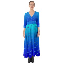Butterflies At Blue, Two Color Tone Gradient Button Up Boho Maxi Dress by Casemiro