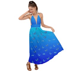 Butterflies At Blue, Two Color Tone Gradient Backless Maxi Beach Dress by Casemiro