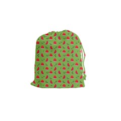 Juicy Slices Of Watermelon On A Green Background Drawstring Pouch (small) by SychEva
