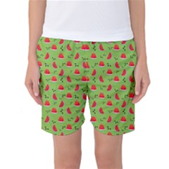 Juicy Slices Of Watermelon On A Green Background Women s Basketball Shorts by SychEva