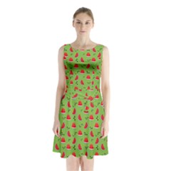 Juicy Slices Of Watermelon On A Green Background Sleeveless Waist Tie Chiffon Dress by SychEva