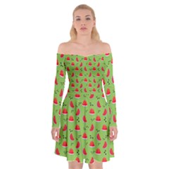 Juicy Slices Of Watermelon On A Green Background Off Shoulder Skater Dress by SychEva