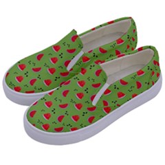 Juicy Slices Of Watermelon On A Green Background Kids  Canvas Slip Ons by SychEva