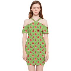Juicy Slices Of Watermelon On A Green Background Shoulder Frill Bodycon Summer Dress by SychEva