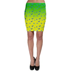 Blue Butterflies At Yellow And Green, Two Color Tone Gradient Bodycon Skirt by Casemiro
