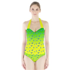 Blue Butterflies At Yellow And Green, Two Color Tone Gradient Halter Swimsuit by Casemiro