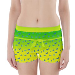 Blue Butterflies At Yellow And Green, Two Color Tone Gradient Boyleg Bikini Wrap Bottoms by Casemiro