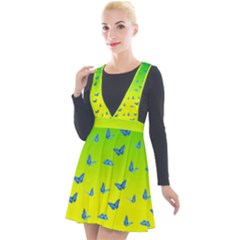 Blue Butterflies At Yellow And Green, Two Color Tone Gradient Plunge Pinafore Velour Dress by Casemiro