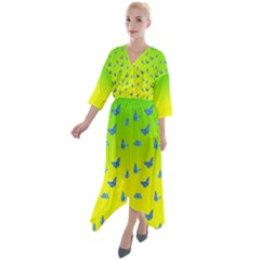 Blue Butterflies At Yellow And Green, Two Color Tone Gradient Quarter Sleeve Wrap Front Maxi Dress by Casemiro