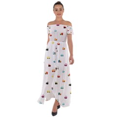 Cute Bright Little Cars Off Shoulder Open Front Chiffon Dress by SychEva