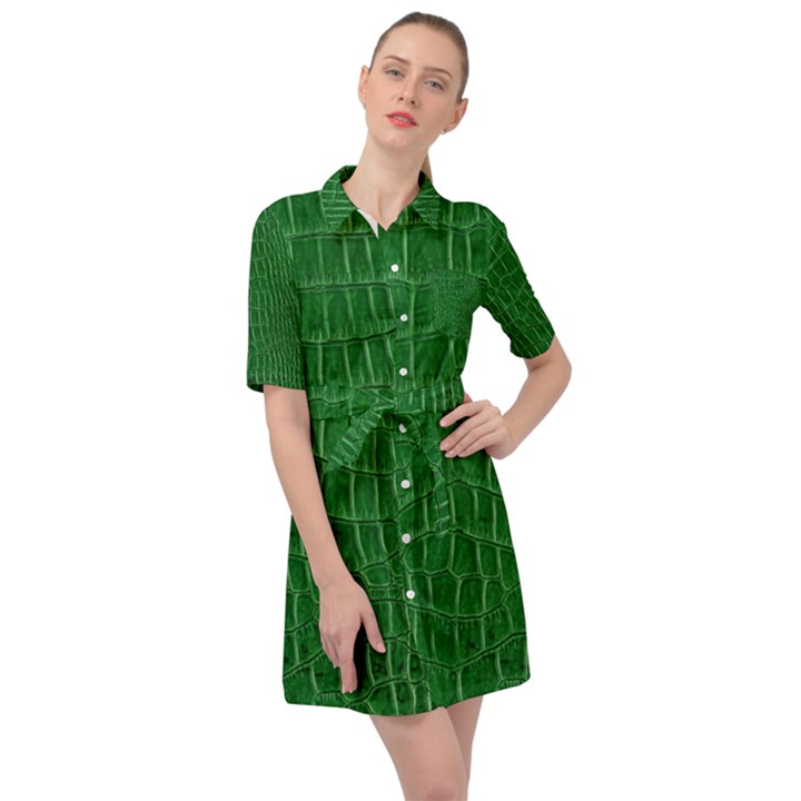 Crocodile Leather Green Belted Shirt Dress