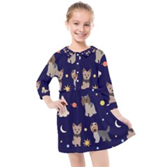Terrier Cute Dog With Stars Sun And Moon Kids  Quarter Sleeve Shirt Dress by SychEva
