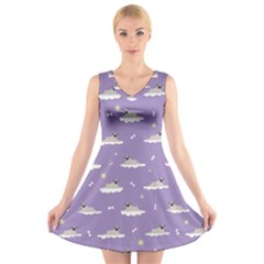 Cheerful Pugs Lie In The Clouds V-neck Sleeveless Dress by SychEva
