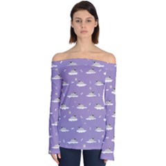 Cheerful Pugs Lie In The Clouds Off Shoulder Long Sleeve Top by SychEva