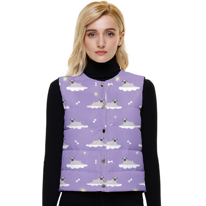 Cheerful Pugs Lie In The Clouds Women s Short Button Up Puffer Vest