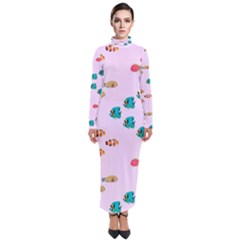 Marine Fish Multicolored On A Pink Background Turtleneck Maxi Dress by SychEva