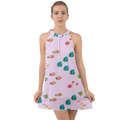 Marine Fish Multicolored On A Pink Background Halter Tie Back Chiffon Dress by SychEva