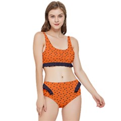 Halloween, Black Bats Pattern On Orange Frilly Bikini Set by Casemiro