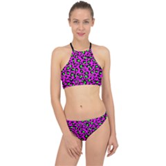 Pink And Green Leopard Spots Pattern Racer Front Bikini Set by Casemiro