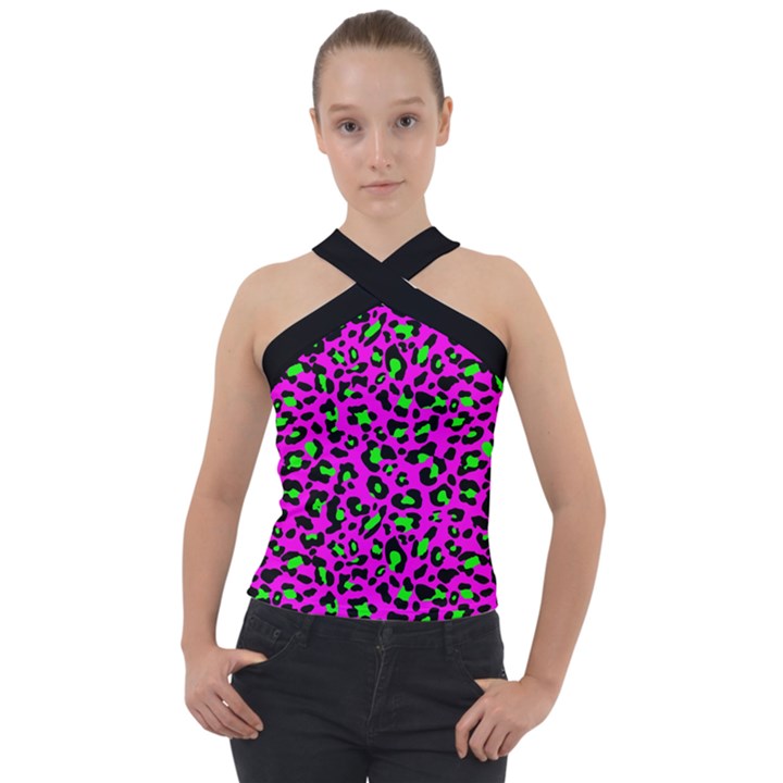 Pink and green leopard spots pattern Cross Neck Velour Top