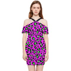Pink And Green Leopard Spots Pattern Shoulder Frill Bodycon Summer Dress by Casemiro
