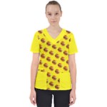 Vector Burgers, fast food sandwitch pattern at yellow Women s V-Neck Scrub Top
