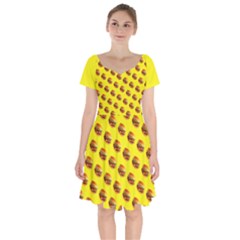 Vector Burgers, Fast Food Sandwitch Pattern At Yellow Short Sleeve Bardot Dress by Casemiro