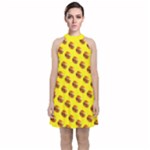 Vector Burgers, fast food sandwitch pattern at yellow Velvet Halter Neckline Dress 