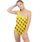 Vector Burgers, fast food sandwitch pattern at yellow Frilly One Shoulder Swimsuit