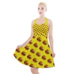 Vector Burgers, fast food sandwitch pattern at yellow Halter Party Swing Dress 
