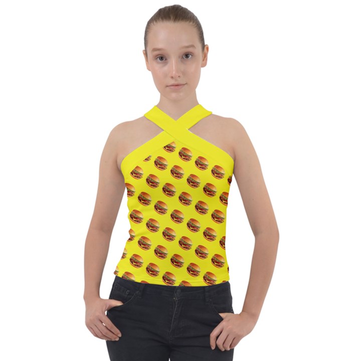 Vector Burgers, fast food sandwitch pattern at yellow Cross Neck Velour Top