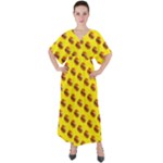 Vector Burgers, fast food sandwitch pattern at yellow V-Neck Boho Style Maxi Dress