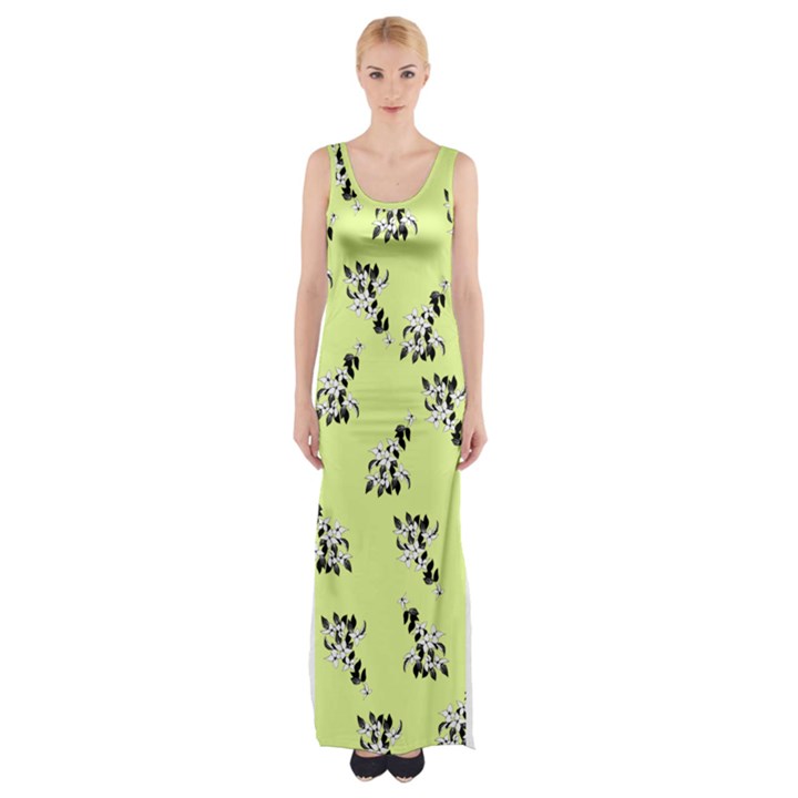 Black and white vector flowers at canary yellow Thigh Split Maxi Dress