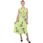 Black and white vector flowers at canary yellow Midi Tie-Back Chiffon Dress