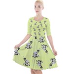 Black and white vector flowers at canary yellow Quarter Sleeve A-Line Dress