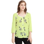 Black and white vector flowers at canary yellow Chiffon Quarter Sleeve Blouse
