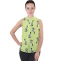 Black and white vector flowers at canary yellow Mock Neck Chiffon Sleeveless Top View1