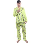 Black and white vector flowers at canary yellow Men s Long Sleeve Satin Pajamas Set