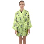 Black and white vector flowers at canary yellow Long Sleeve Satin Kimono