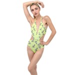 Black and white vector flowers at canary yellow Plunging Cut Out Swimsuit