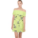 Black and white vector flowers at canary yellow Off Shoulder Chiffon Dress