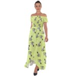 Black and white vector flowers at canary yellow Off Shoulder Open Front Chiffon Dress