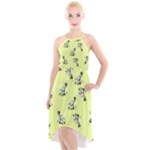 Black and white vector flowers at canary yellow High-Low Halter Chiffon Dress 