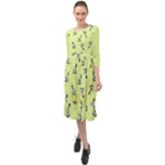 Black and white vector flowers at canary yellow Ruffle End Midi Chiffon Dress
